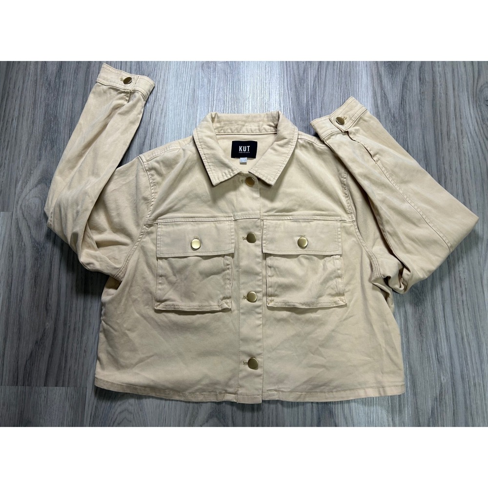 Kut from the Kloth Tan Beige Cropped Utility Jacket XL Gold Button Cotton Twill